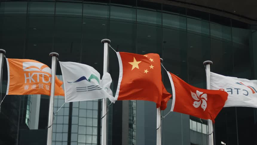 Several flags sway in the breeze in front of a building