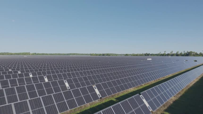 Solar panels line an open field under a blue sky capturing clean energy amid surrounding greenery