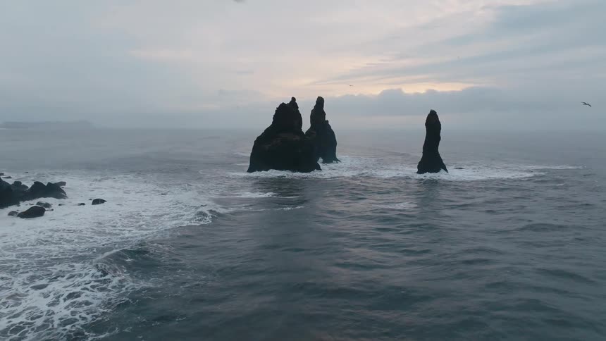 The birds circle the rocks in the ocean
