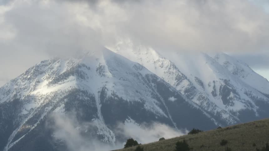Dense white clouds and mist roll over the towering snow covered mountain peaks with dark evergreen trees on the lower slopes and grassy hills in the foreground