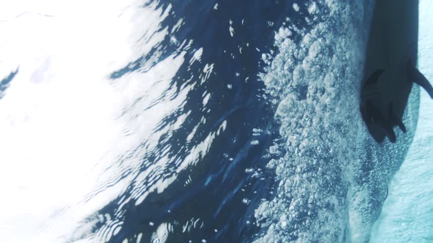 The surfboard passes the waves at the surface of the water