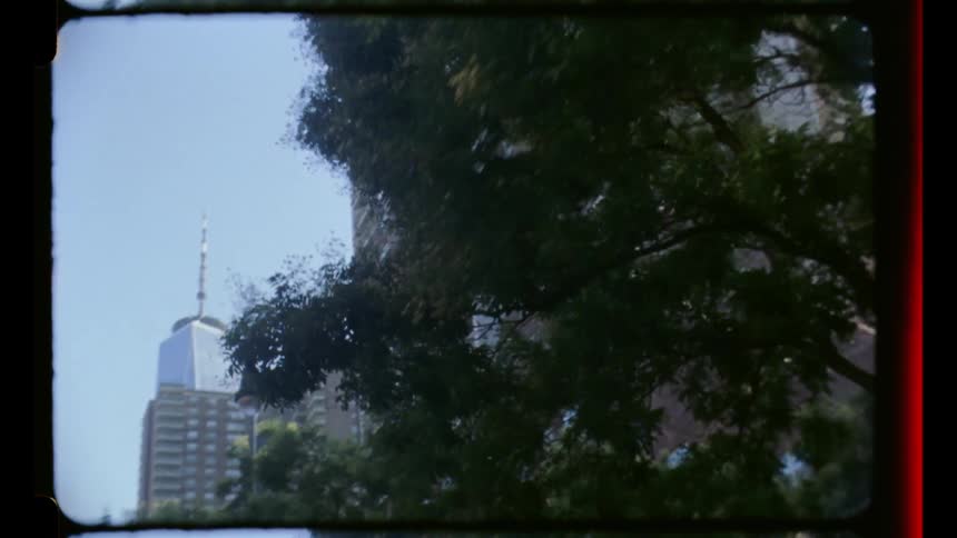 A city with treelined roads and towering skyscrapers under a bright sunny sky