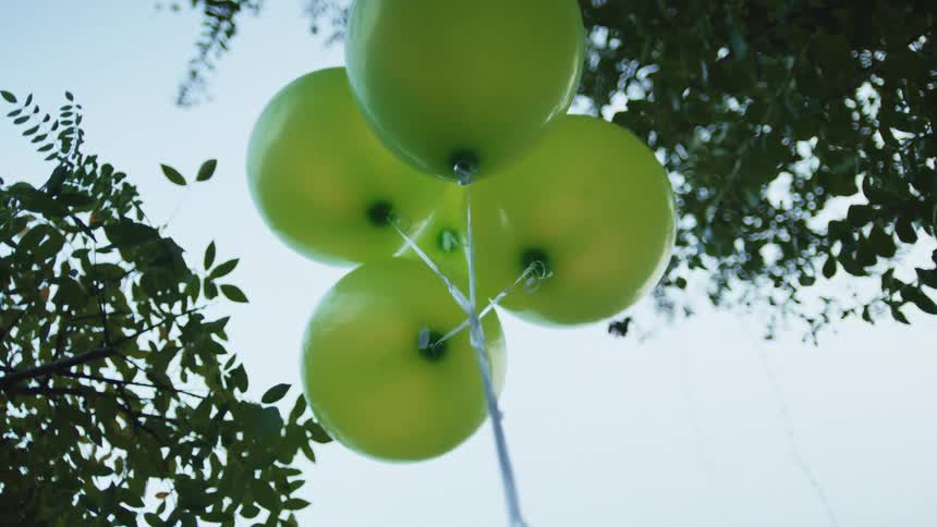 Looking up to green balloons tied to white ribbons at a park