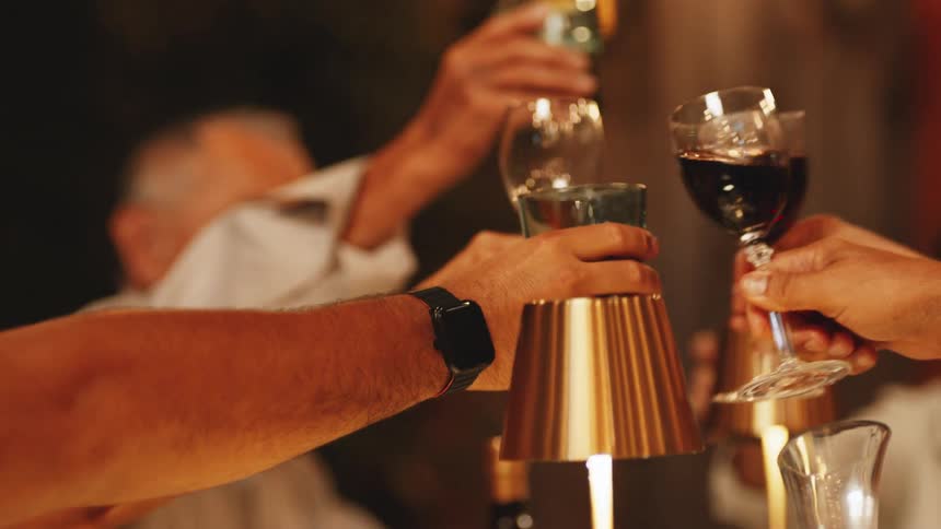 Multiple hands holding various glasses of wine and clear beverages reach into the center of a table to make a toast cheered on by several people whose faces are visible and smiling in the warm dark lighting