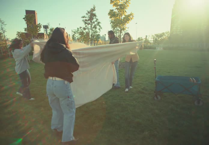 Four college friends excitedly stretch out a blanket over the sunlit grass in a public park laughing and chatting as they prepare for a cheerful picnic under the clear blue sky