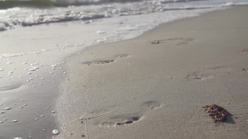 Feet leaving footprints on a sandy beach