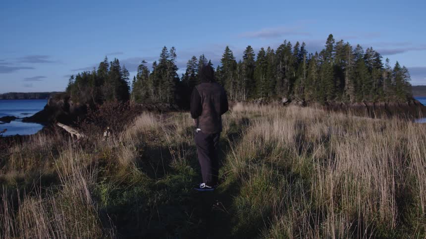 A person wearing a dark hoodie stands on a path amidst tall grass the person faces a small landmass covered with trees water is visible surrounding the land and the scene is outdoors under a blue sky