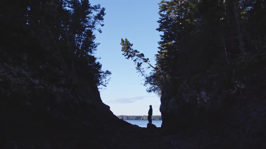 A person stands in silhouette between two tall dark treecovered rock walls looking out over a body of water and the horizon and the clear blue sky is visible through the narrow opening