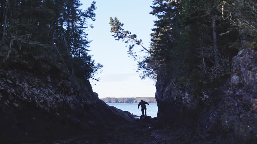 A person stands silhouetted at the end of a ravine rocks and trees line the sides of the ravine the person looks down a body of water and the sky are visible through the opening