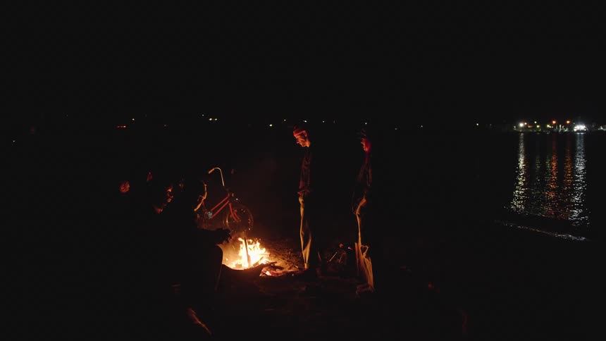 Group gathered around a bonfire on the beach at night