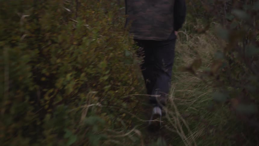 A person wearing a jacket walks through a dry grass area at midday