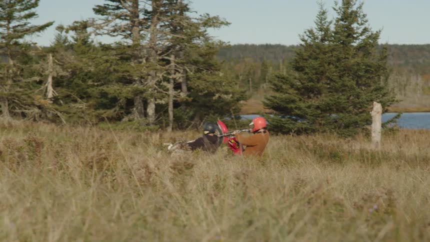 The video is an outdoor shot featuring a person on a dirt bike who appears to have momentarily fallen or is struggling to maneuver the bike in a field of tall dry grass the scene is bordered by evergreen trees and a small body of water i