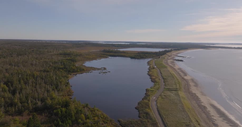 The video is a sweeping aerial view of a rugged natural landscape featuring a forest a calm inland body of water and a long stretch of ocean beach separated by a dirt road the contrast between the dense trees and the vast ocean creates a stunn