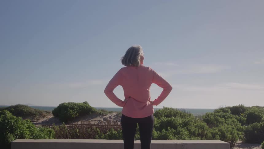The video is a wide outdoor shot of a woman in a pink shirt and dark pants standing on a low stone wall facing the ocean she has her hands on her hips and is silhouetted against a bright clear sky over a beach with dense coastal scrub