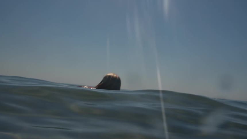 A young woman swims alone in the ocean on a sunny day her strokes steady and graceful as sunlight sparkles across the waters surface