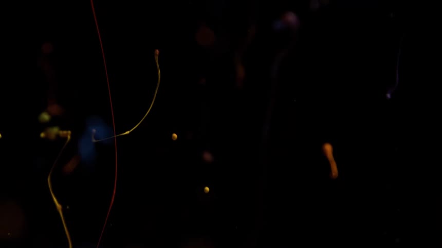 Strands of colorful paint intertwine in motion against a dark background
