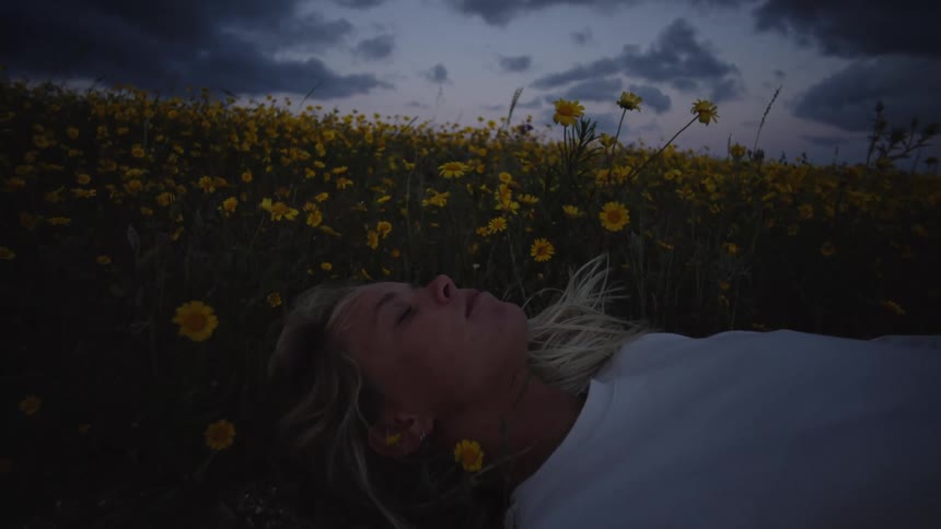 Close up of a young blonde woman lying on a sunflower field outdoors at dusk