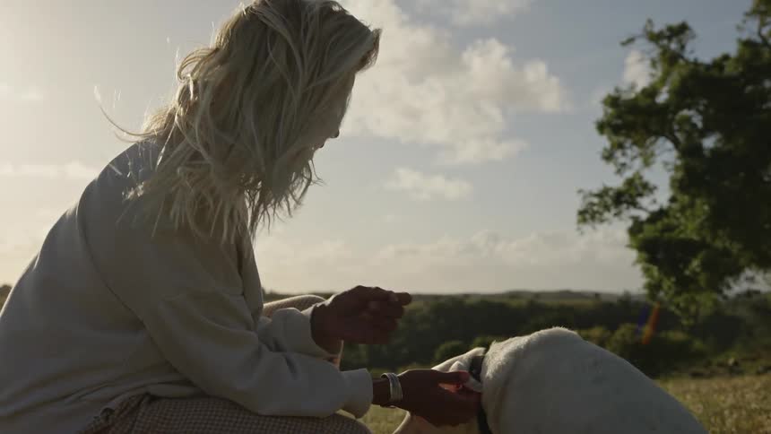 A person kneels in a grassy field petting a white dog around the head and neck the sun shines brightly behind them creating a strong backlight and the person smiles down at the animal