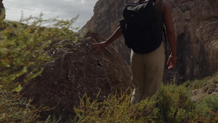 Woman with a backpack walking among rocks and vegetation on a mountain trail