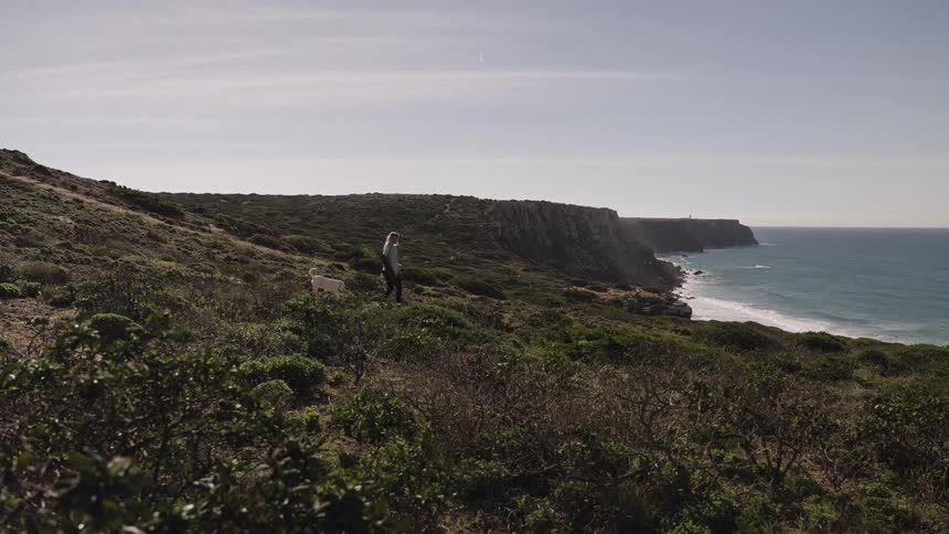 A woman and her dog hike