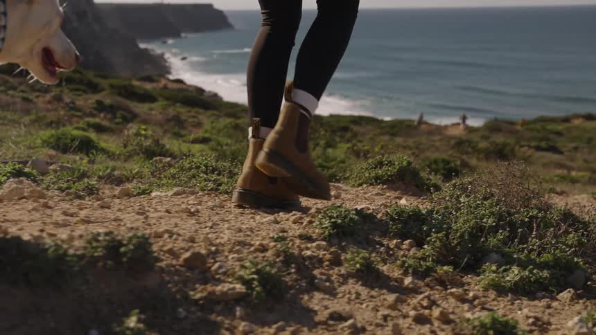 A person wearing boots walks along a dirt trail a white dog walks beside the person the person stops and looks at the ocean a dark rolled mat is carried on the shoulder and tall cliffs line the shore under a blue sky