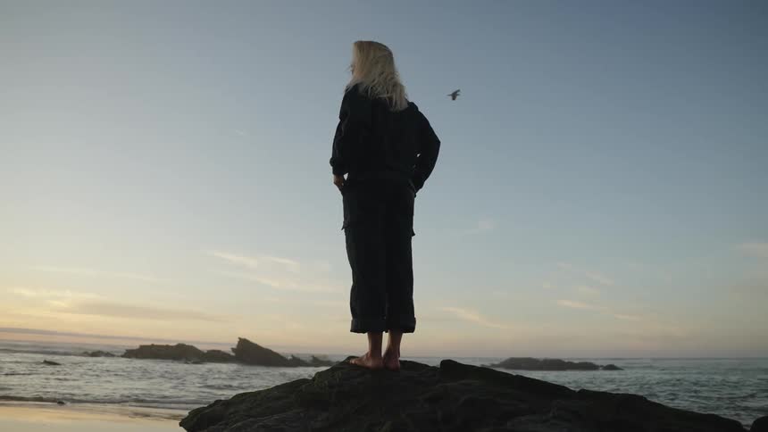 Woman standing on a rock looking at the sea at sunset