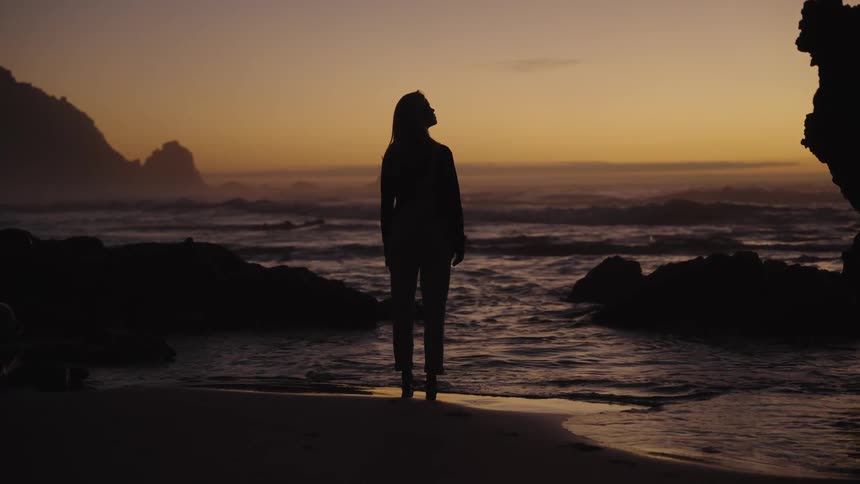 Female silhouette standing at shoreline on the beach at dusk