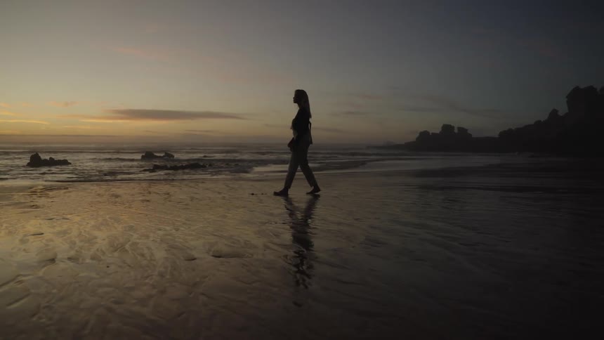 Woman standing on the wet sand gazing at the sea at dusk