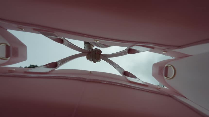 Looking up from the inside of a pink purse being carried by someone under an overcast sky