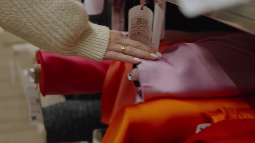 A persons hand reaches toward and touches fabric rolls the hand runs over different colored materials on a shelf the person wears rings and a sweater and price tags are visible attached to the merchandise