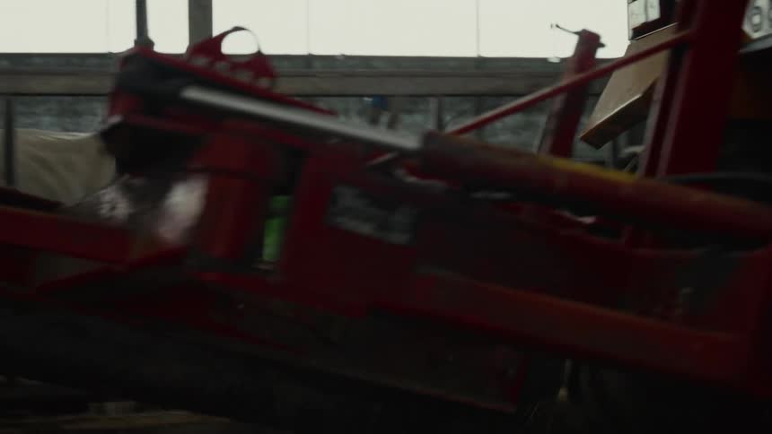 A closeup view shows the red metal parts of large farm machinery the equipment moves feed or hay across the floor inside a barn and the bright light of windows is visible in the background along with blurry farm animals