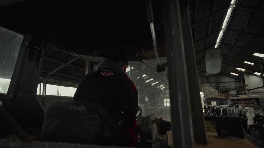 A young man sits in the operators seat of a tractor in a barn setting the structure contains rows of fenced animals and wooden ceiling beams and exterior light shines through openings on the far wall