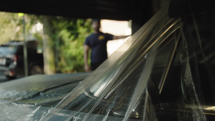 A young man opens a vehicle garage containing a wrapped vintage vehicle during daytime