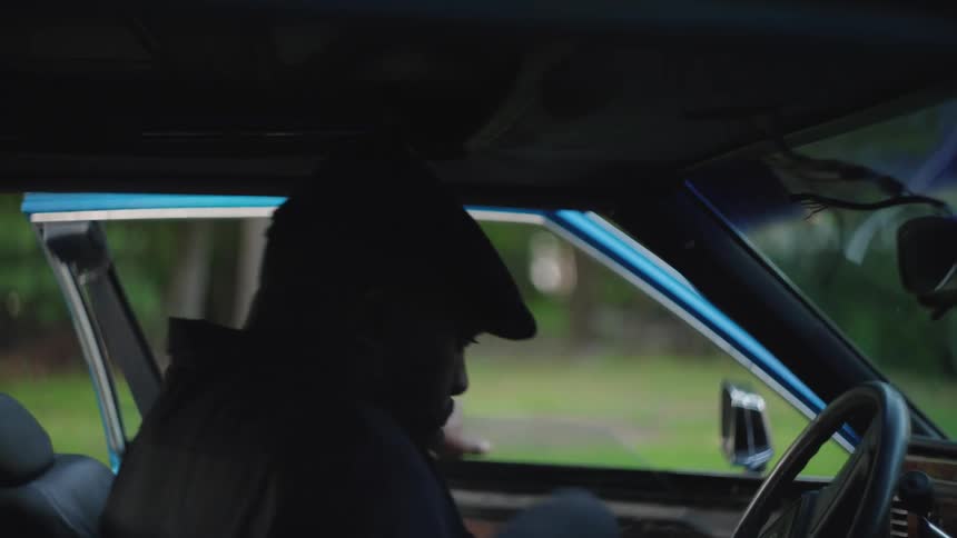 A person opens the car door and climbs into the drivers seat the person settles down and places a hand on the steering wheel and the dark interior of the car contrasts with the bright green outdoor environment seen through the windows