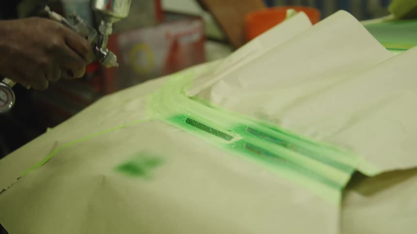 Person painting a masked surface with green paint using an air spray gun