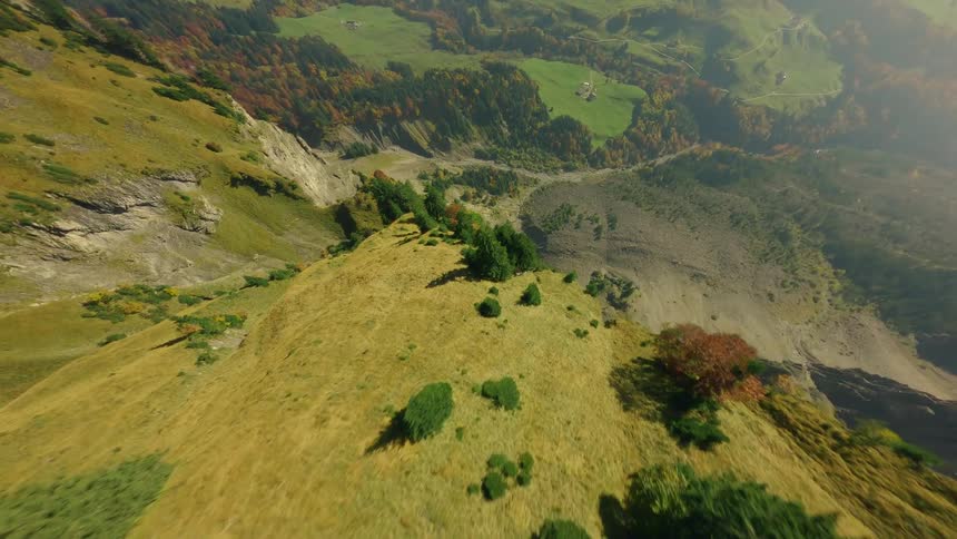 Aerial view of a grassy mountains with trees under a clear sky