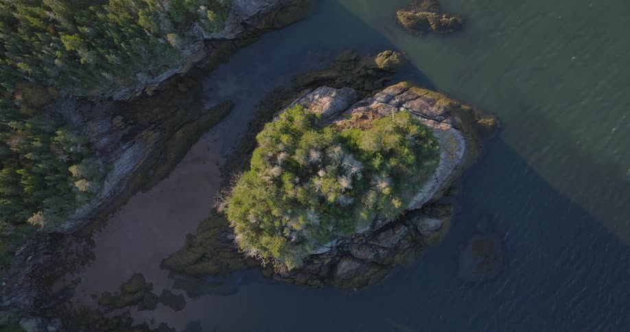 The video is a highangle drone shot capturing a small rocky and heavily vegetated island in a deep bluegreen bay the surrounding water is dark and reflects the lush green trees and rocky shoreline