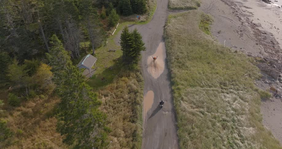 Two people ride a motorcycle along coastal road with vegetation and covered structure nearby