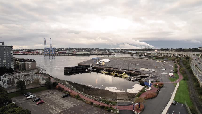 Boats are docked in the harbor