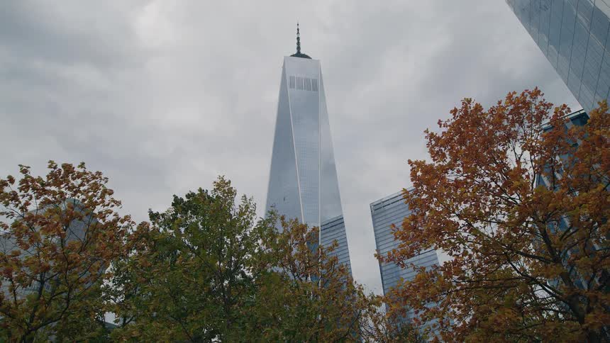 A tall skyscraper stands framed by autumn trees under a overcast sky