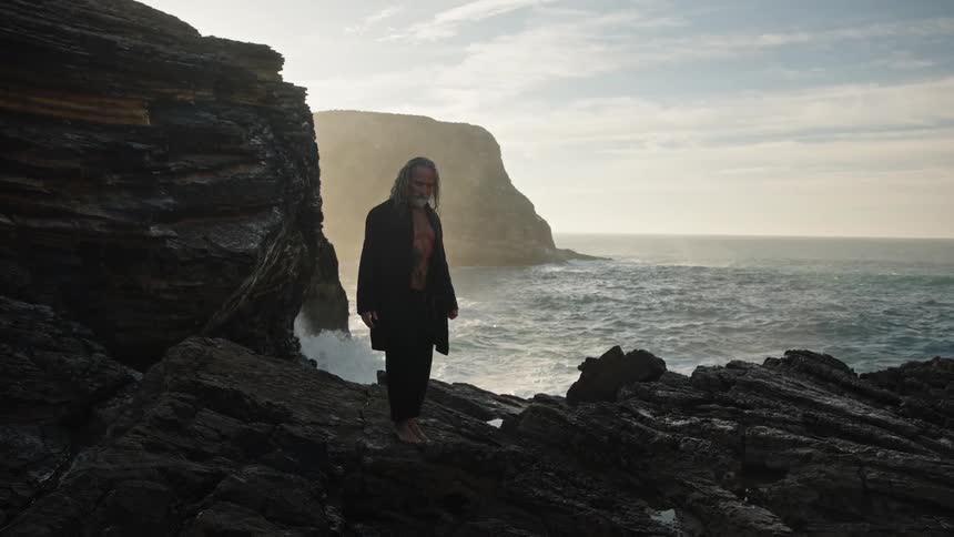 A middleaged man stands on a rocky shoreline as powerful ocean waves crash violently against the rocks