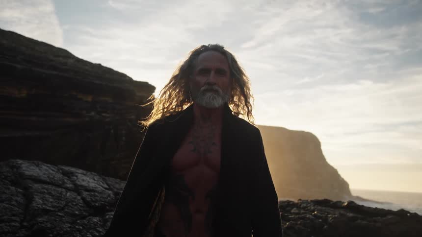 Man with long hair and beard wears dark cloak in rocky landscape at sunset
