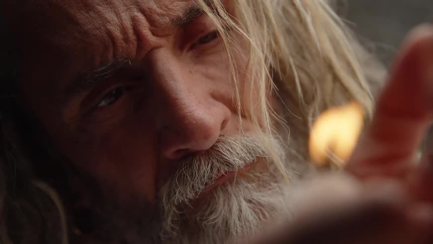 An elderly man with a long white beard and hair leans forward intensely to examine a small blurred flame in the foreground which casts a warm light on his face