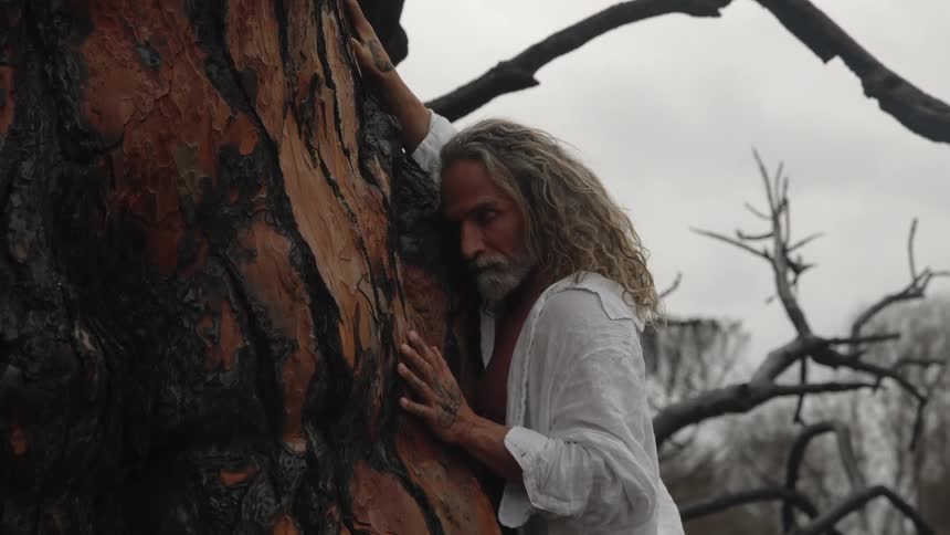 A middleaged man with long gray hair rests against the trunk of a tall leafless tree in the woods at midday