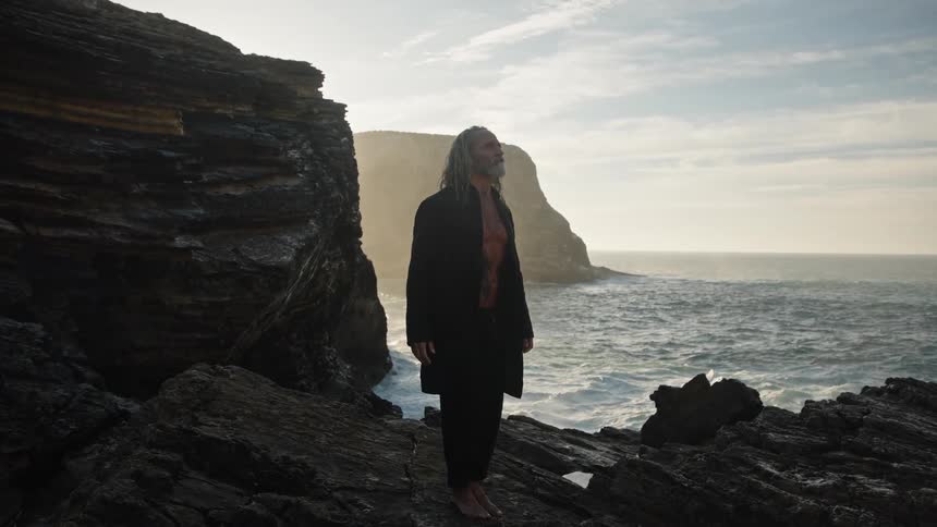 An elderly man standing on a rocky coastal area at midday with water waves in the background