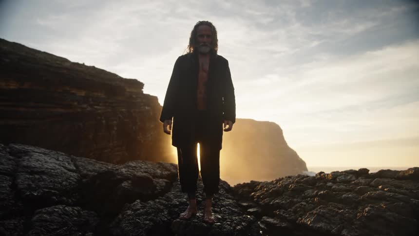 A full view of an older bearded man with long hair wearing an open dark coat and dark pants standing barefoot on dark rocky cliffs against a bright sunset