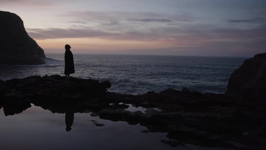 Silhouette of a person standing on rocks by the sea at dusk
