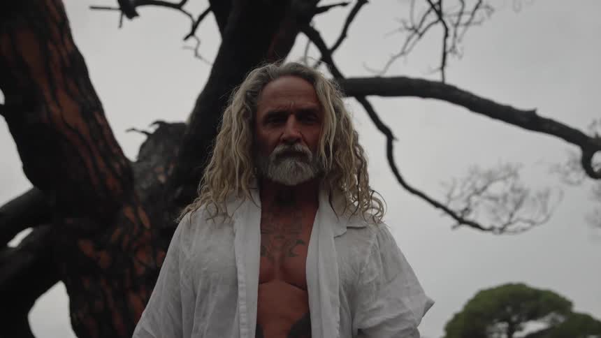 A shirtless man with long wavy hair and a full gray beard wears an open white shirt looks intensely at the camera and stands centered in front of the dark bare branches of a tree against a featureless gray sky
