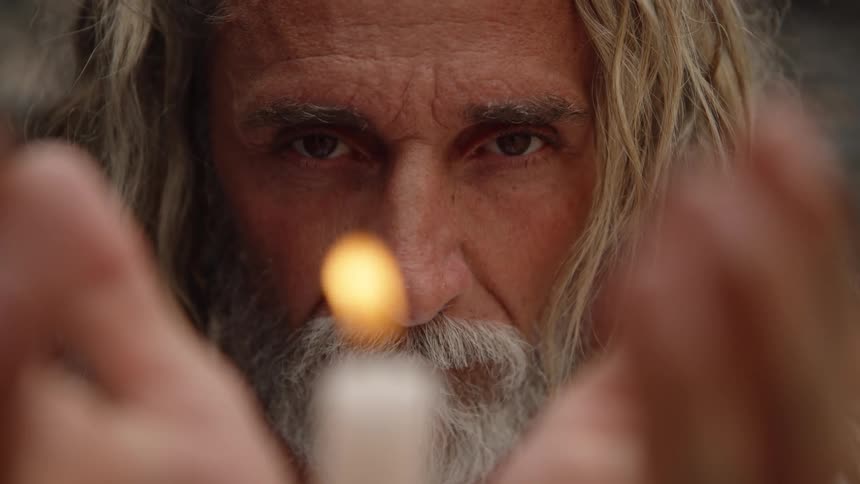 Man with gray hair and beard watches candle flame with raised hands in dark setting