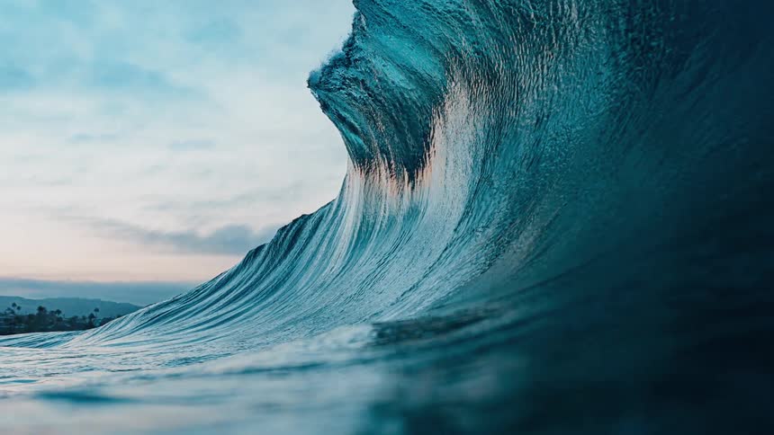 A low angle close view of a large dark blue wave cresting on the ocean with a small bird flying in the midground and a shoreline visible in the distance under a pale cloudy sky